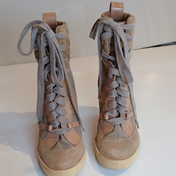 🤎 Chloé Kasia Suede Leather Canvas Tan Wedge Sneakers Size 39 Quiet Luxury - Picture 7 of 16